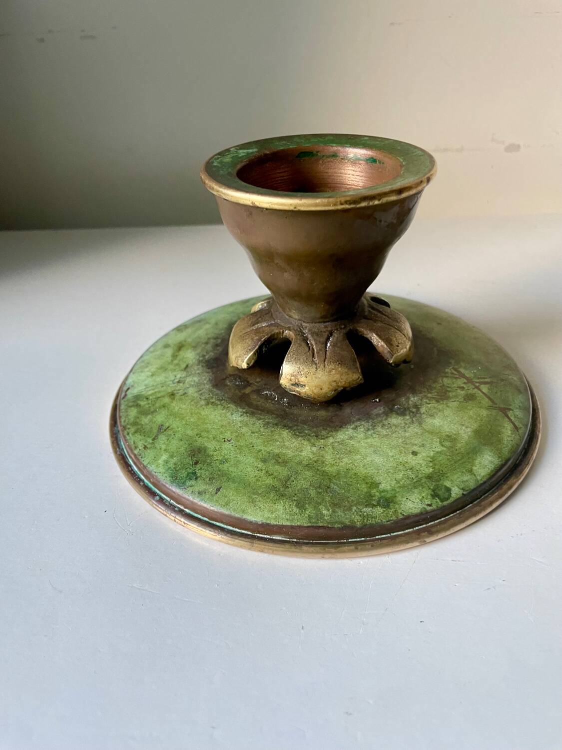 Scandinavian ART DECO candle holder in Bronze with verdigris patina