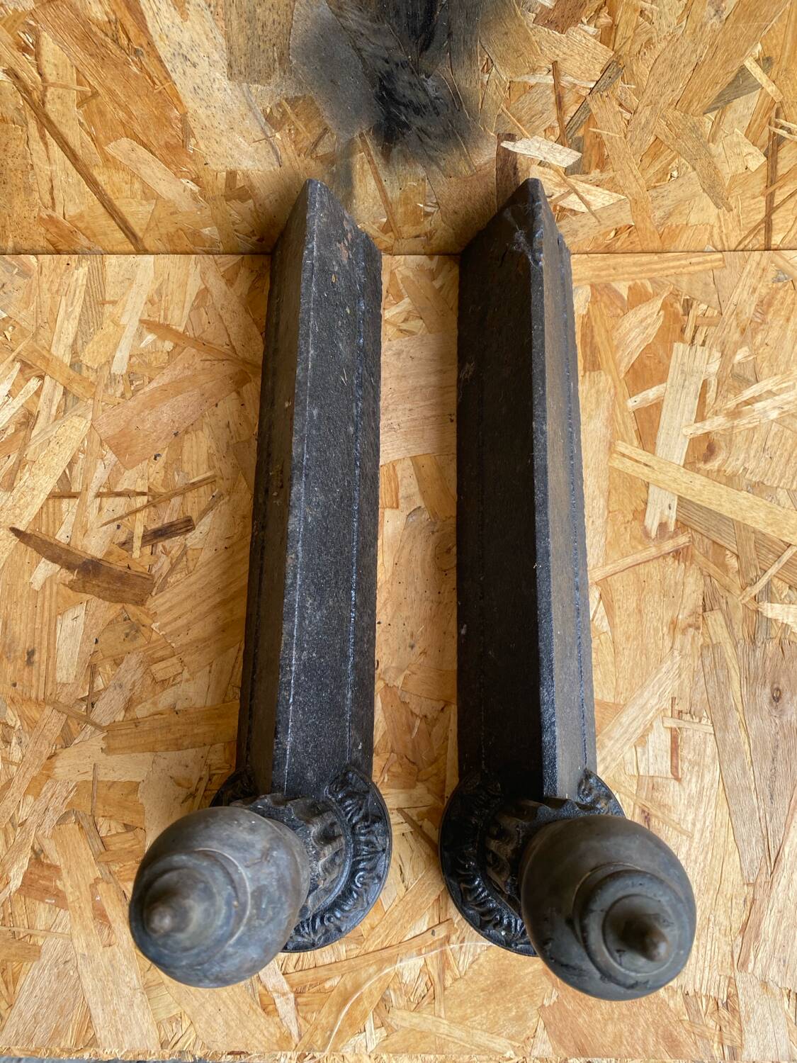 Pair of Napoleon 3 neoclassical cast iron fireplace andirons + brass ball