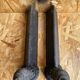 Pair of Napoleon 3 neoclassical cast iron fireplace andirons + brass ball