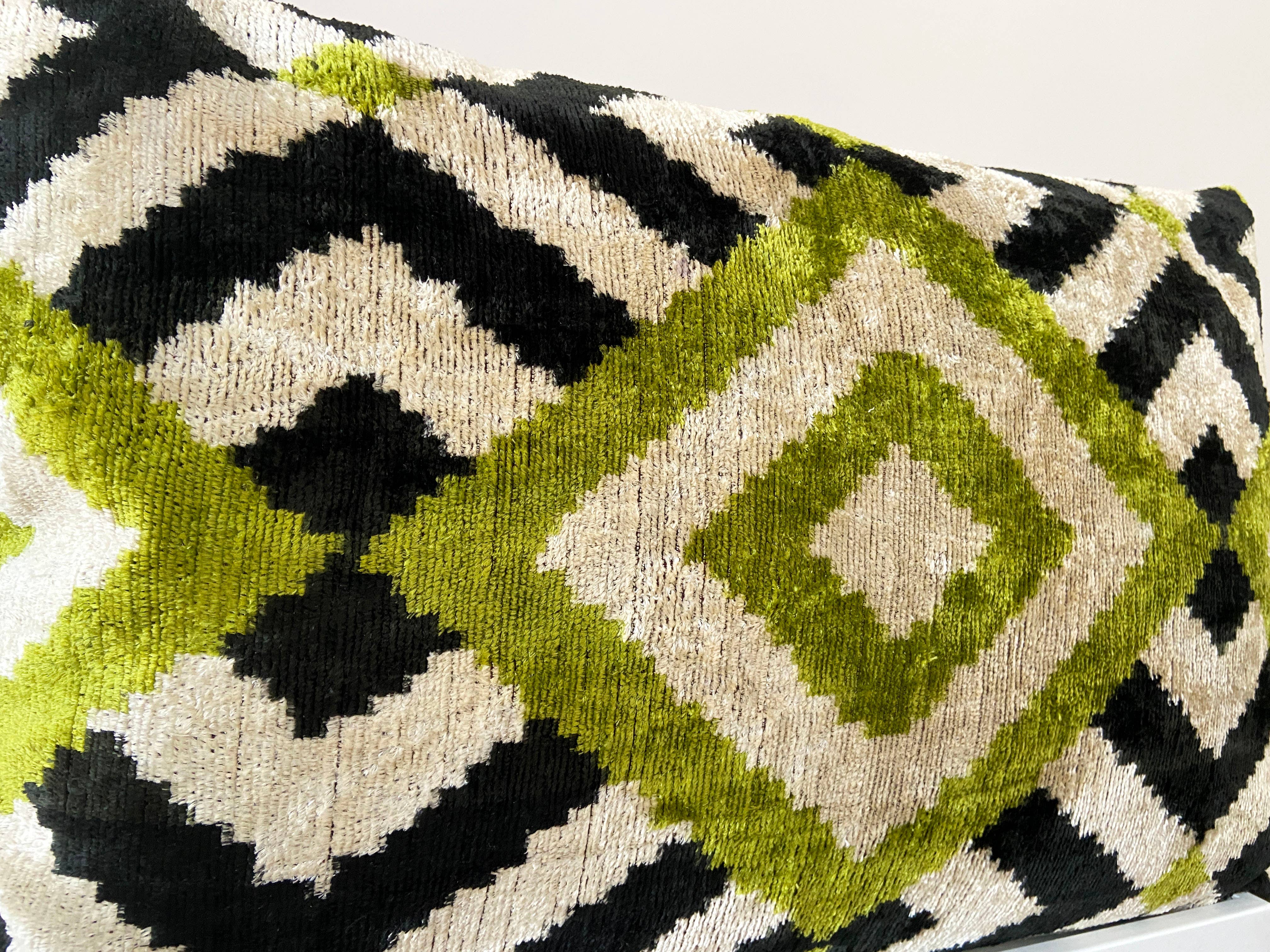 Velvet cushion Ikat green diamonds