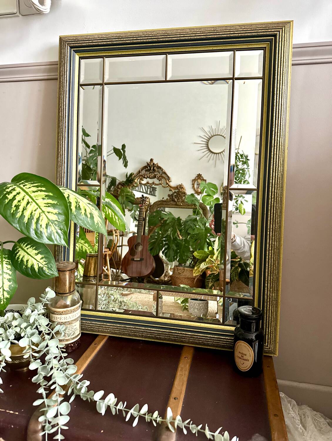 Beveled wooden mirror with glazing beads