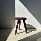 Tripod stool in upcycled teak with flat top - Small tripod stool in solid brown wood with circu seat