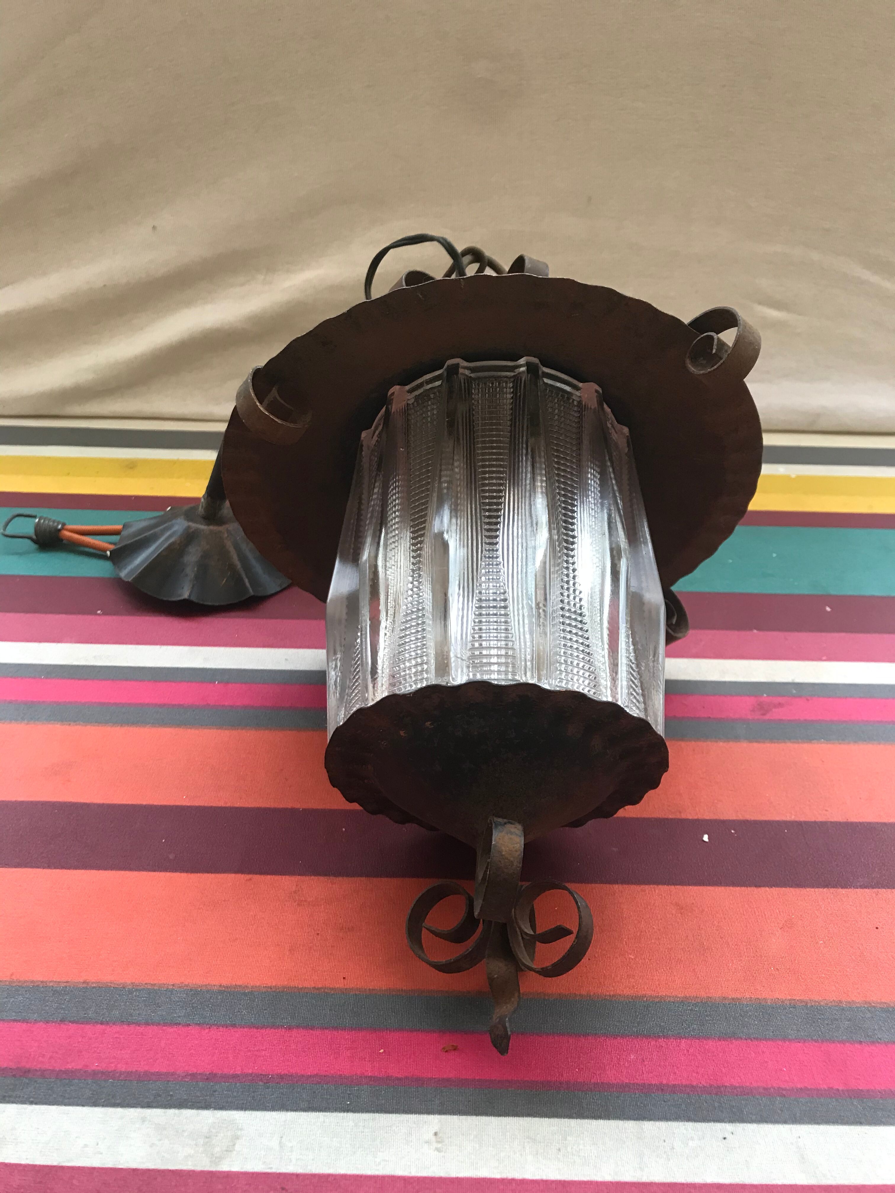 Old black forged iron suspension - vintage moulded glass reflector