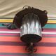 Old black forged iron suspension - vintage moulded glass reflector