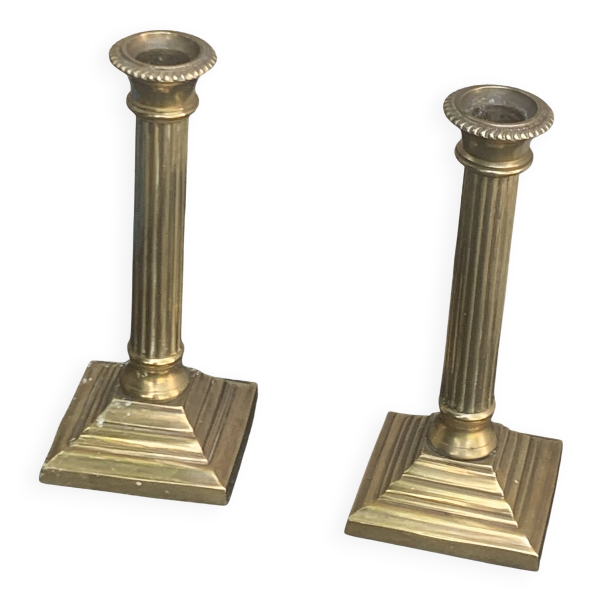 Pair of gilded brass candlesticks, vintage column shape