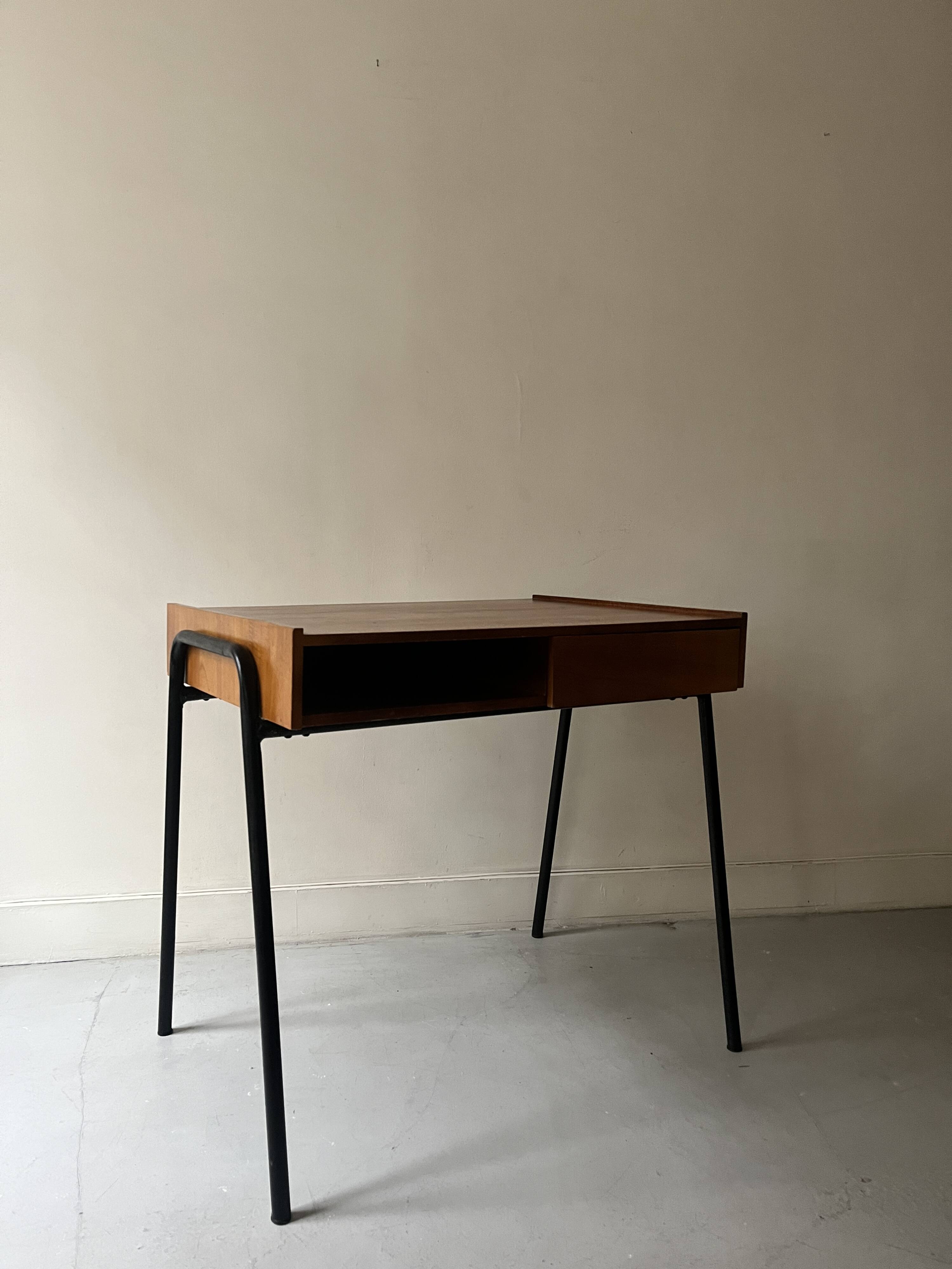 Desk in wood and black metal design 1950
