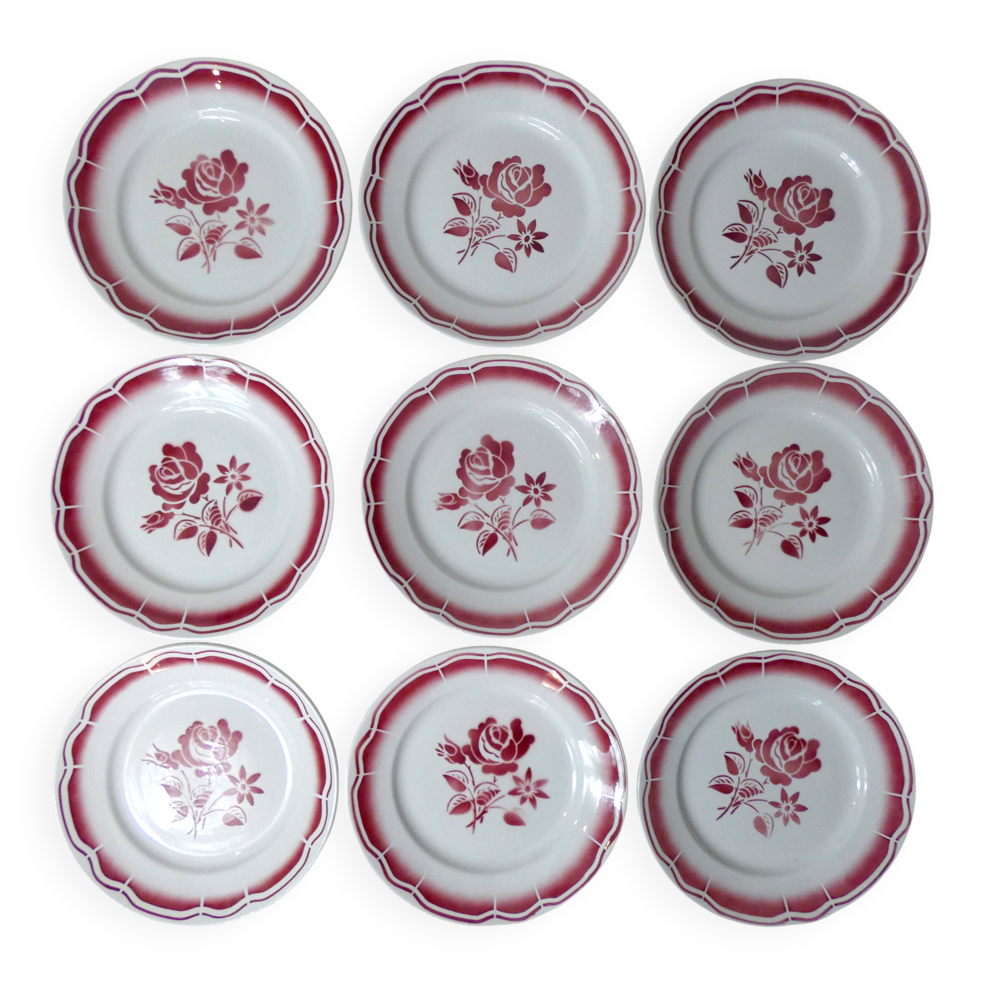 9 flat plates in FB Digoin pink earthenware