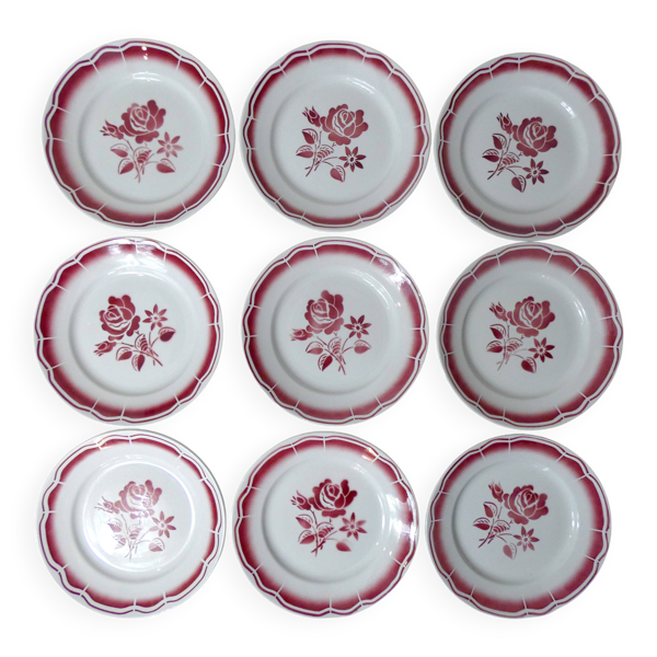 9 assiettes plates en faïence FB Digoin rose