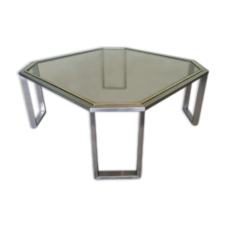 Octagonal lounge table in chrome-plated metal and vintage smoked glass