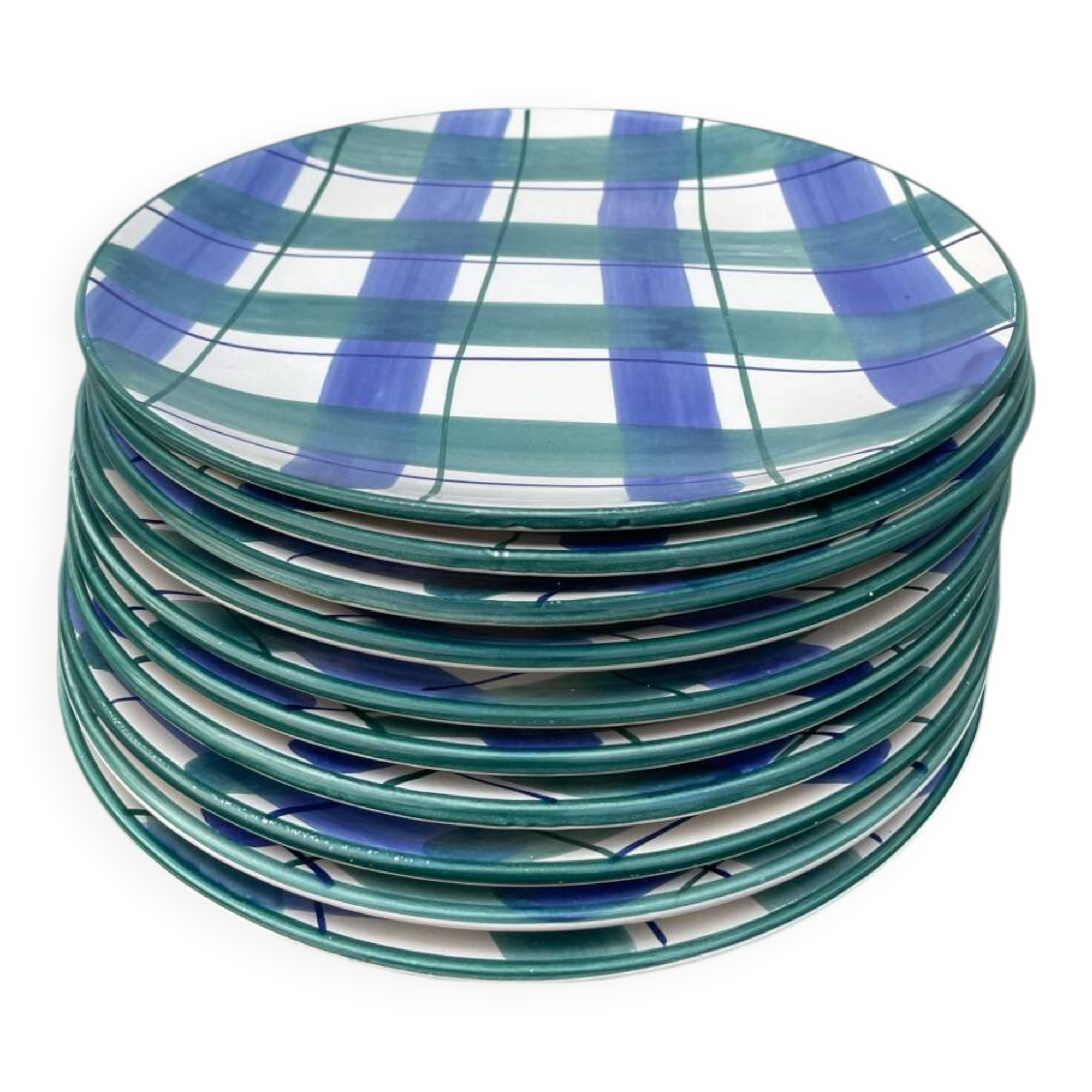 10 blue and green checked ceramic plates