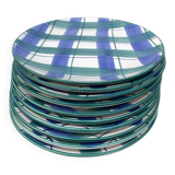 10 blue and green checked ceramic plates