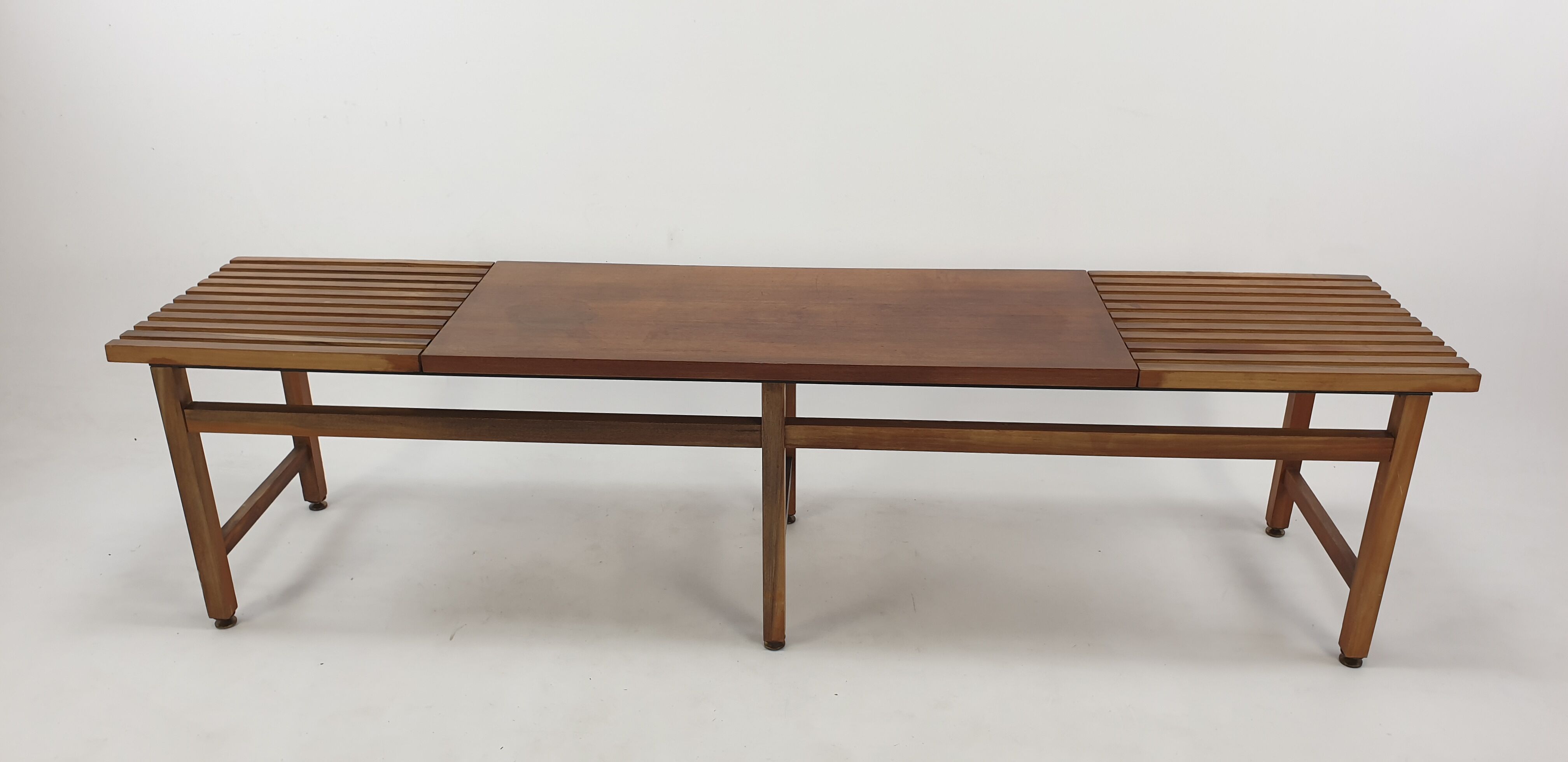 Bench in walnut and teak with brass feet, italy 1950s