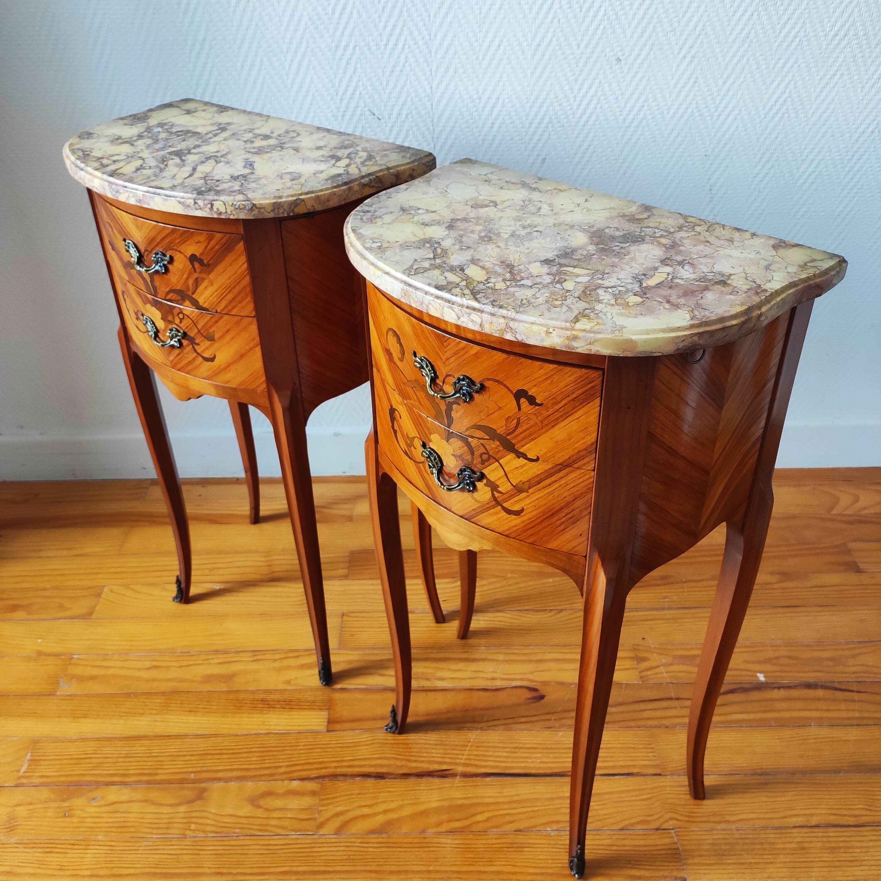 Pair of Louis XV style bedside tables with marquetry and marble.