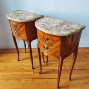 Pair of Louis XV style bedside tables with marquetry and marble.