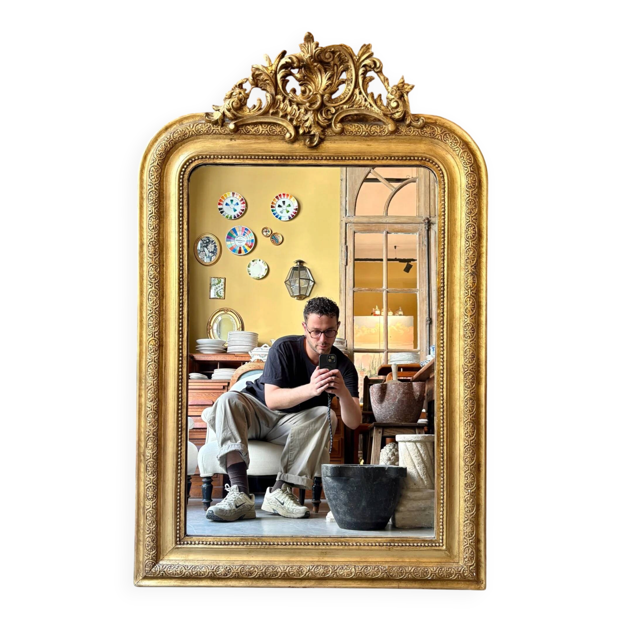 Gold sculpted and moulded stucco trumeau mirror 113 x 78 cm