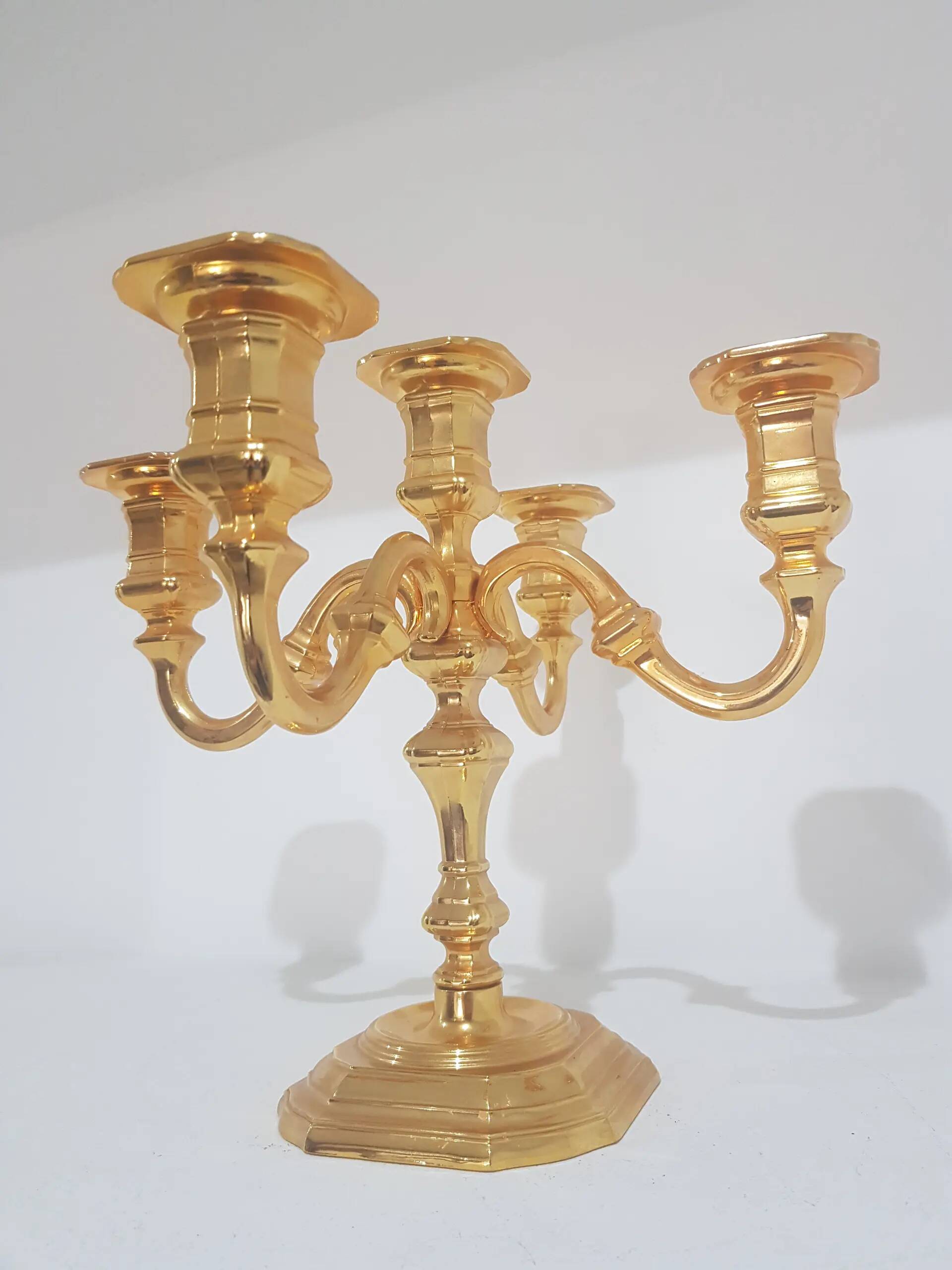 Five-branch chandelier, Hollywood Regency, gilded brass, BMF, Germany, 1960s.
