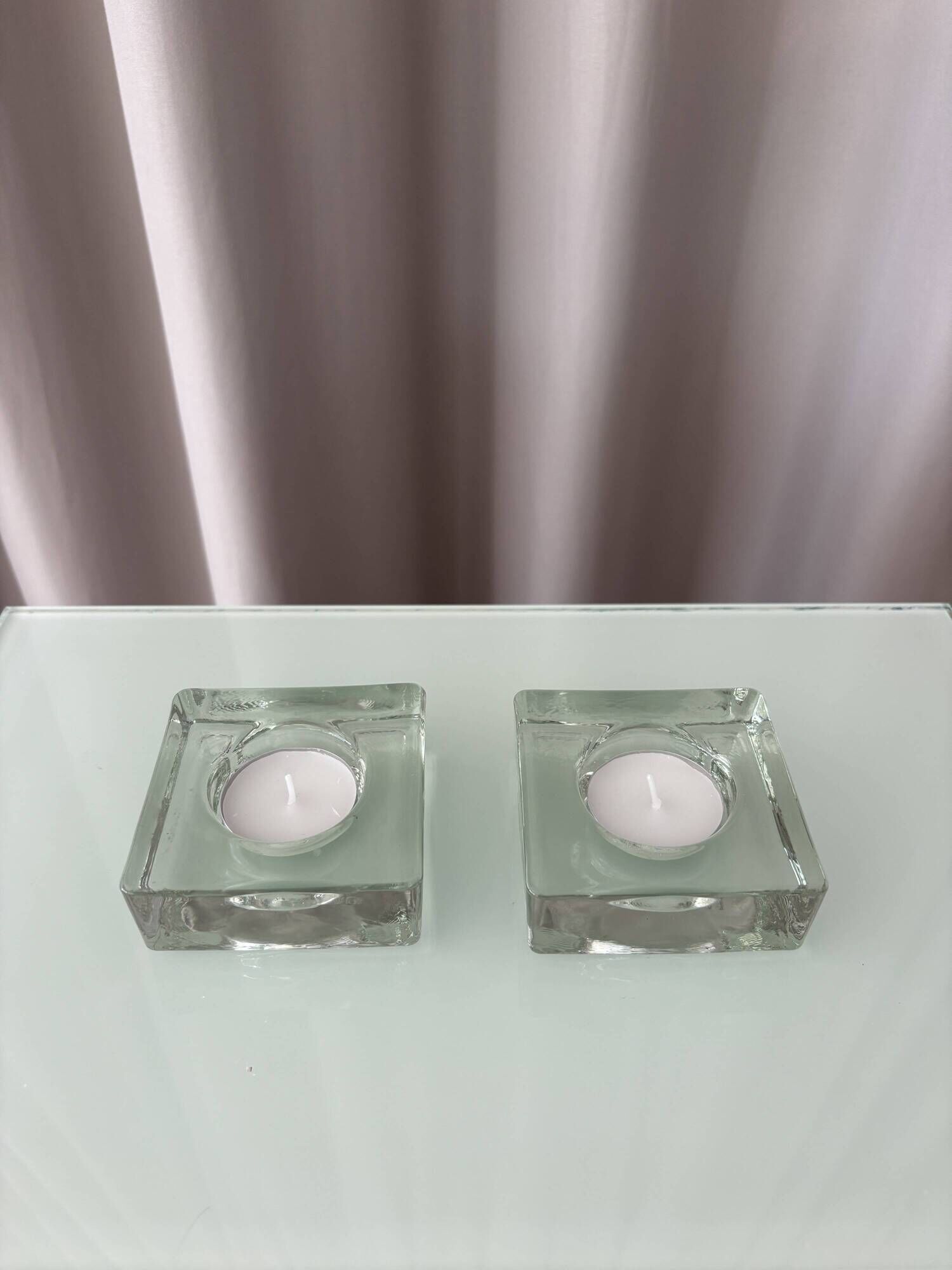 Set of 2 Heavy Glass Tea Light Holders – Minimalist Square Candle Holders