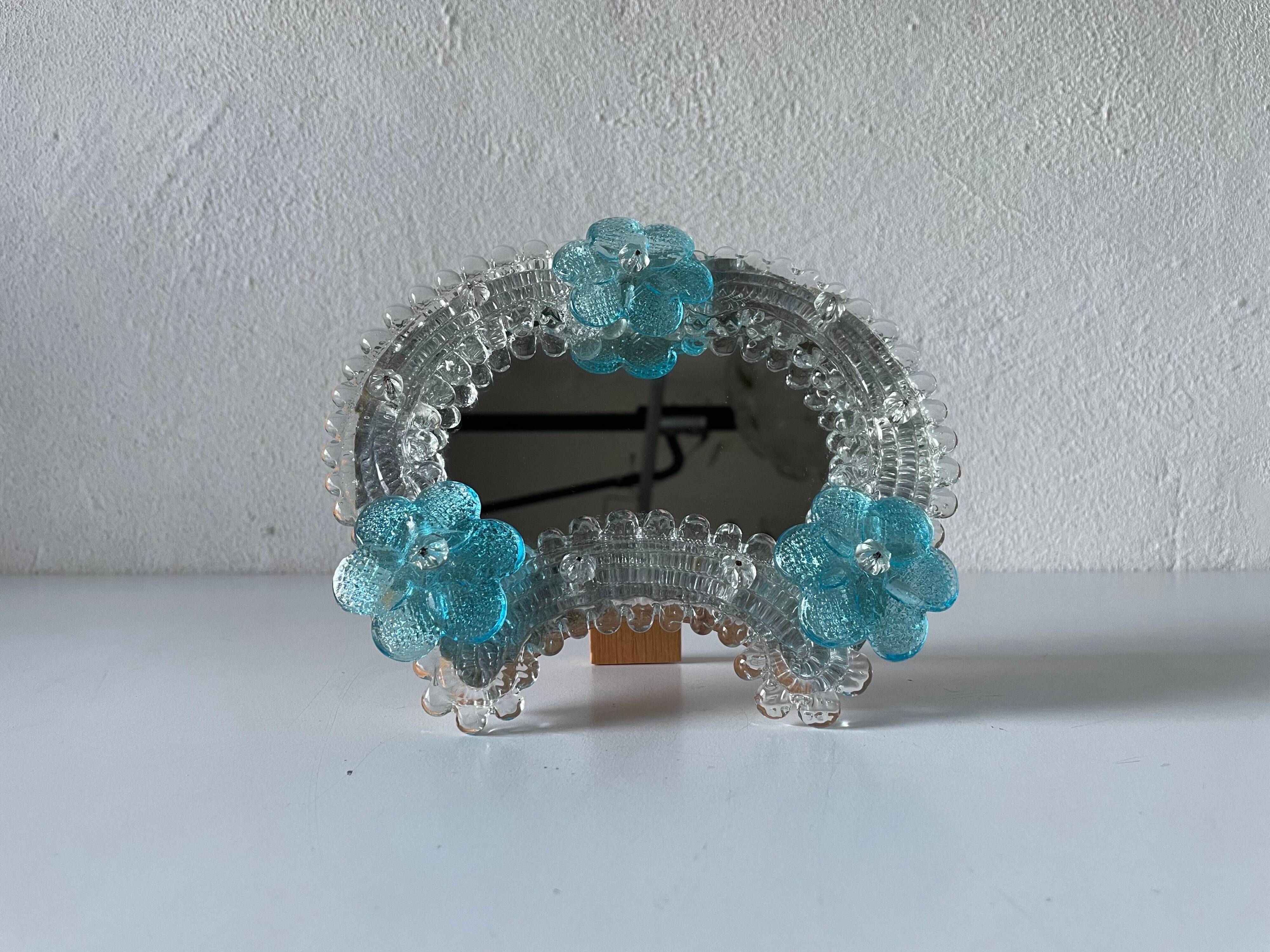 Small blue and white glass table or wall mirror from Murano, 1960s, Italy.