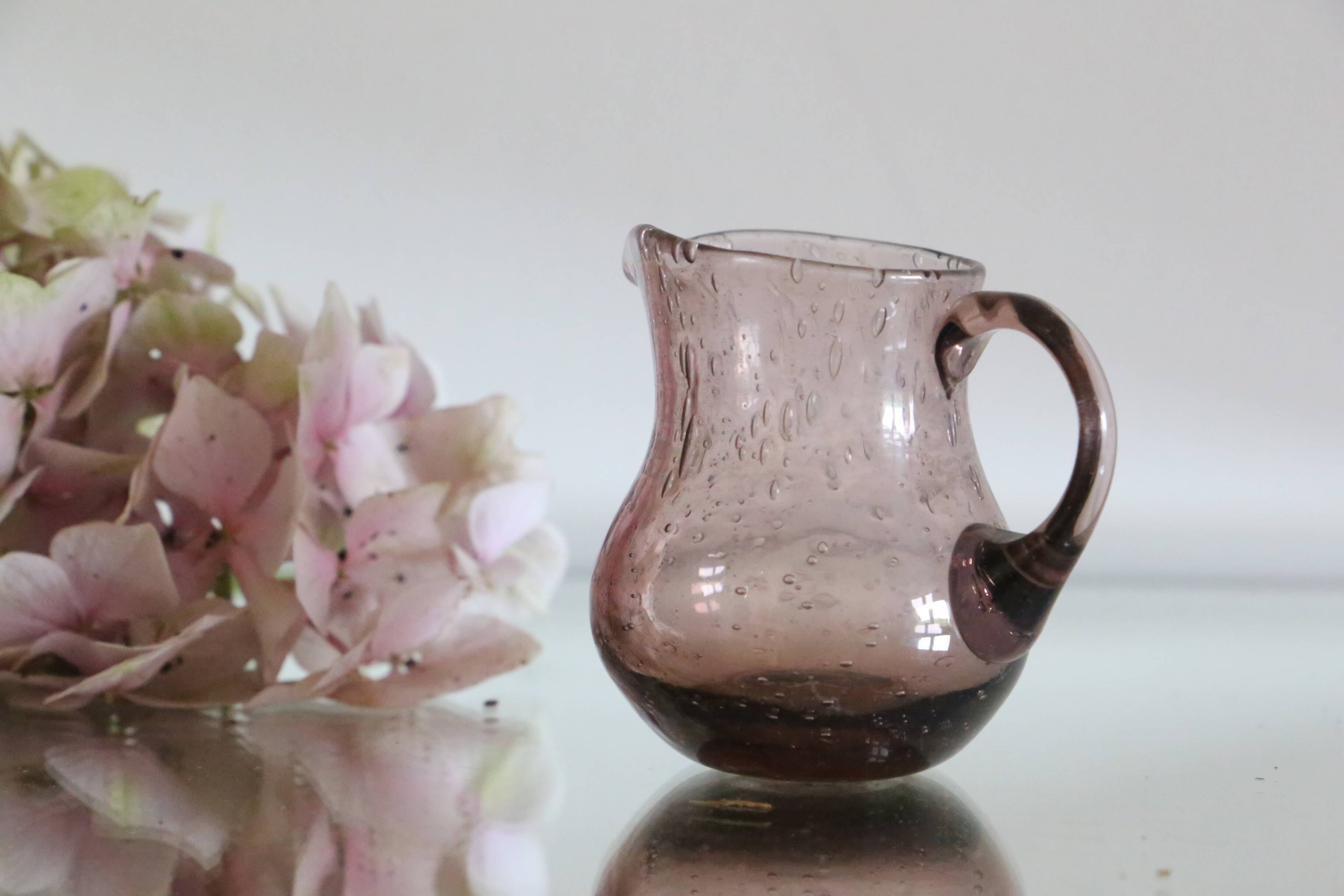 Milk jug, creamer, Biot in bubbled glass, handcrafted, purple, vintage