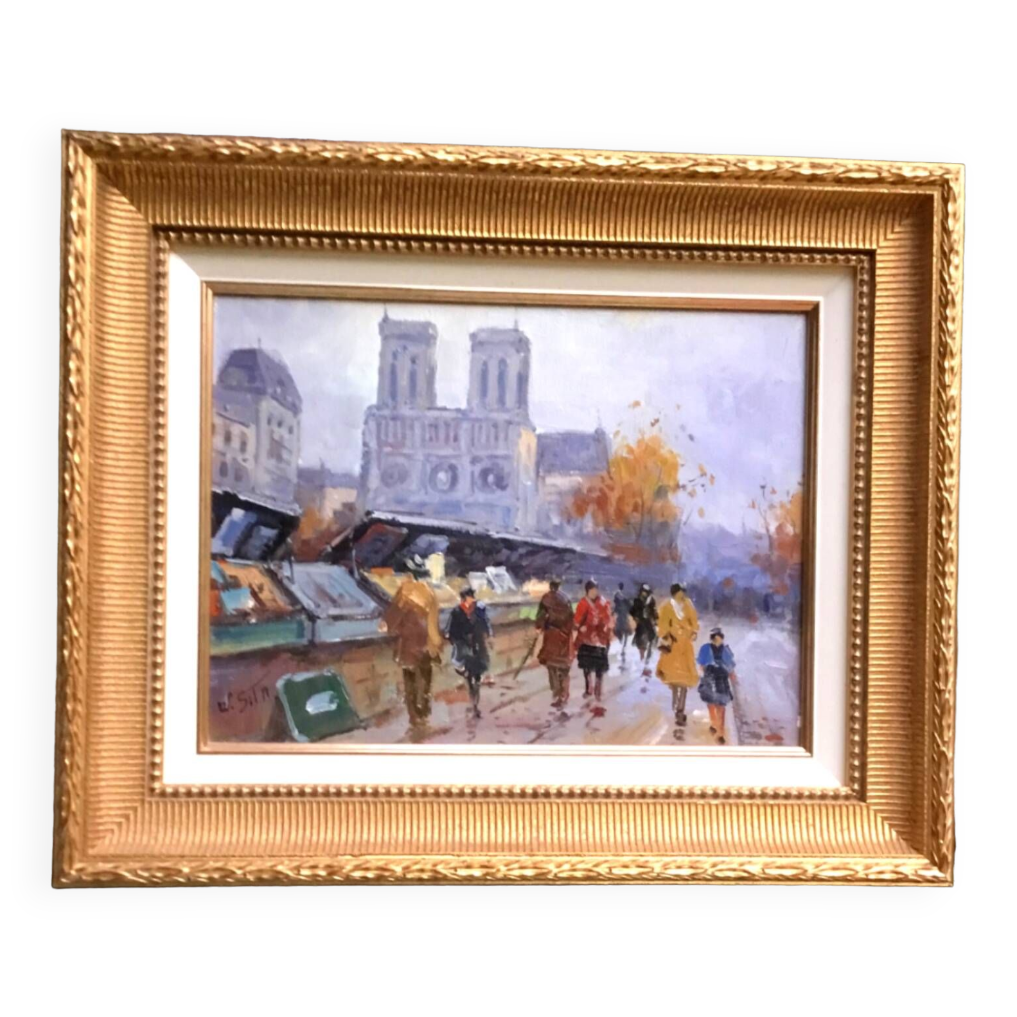Walter Sita XX th Paris and the booksellers oil on framed canvas