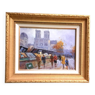 Walter Sita XX eme paris et les bouquinistes huile sur toile encadrée