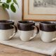 Set of three two-tone mugs, glazed stoneware, café workshop style.