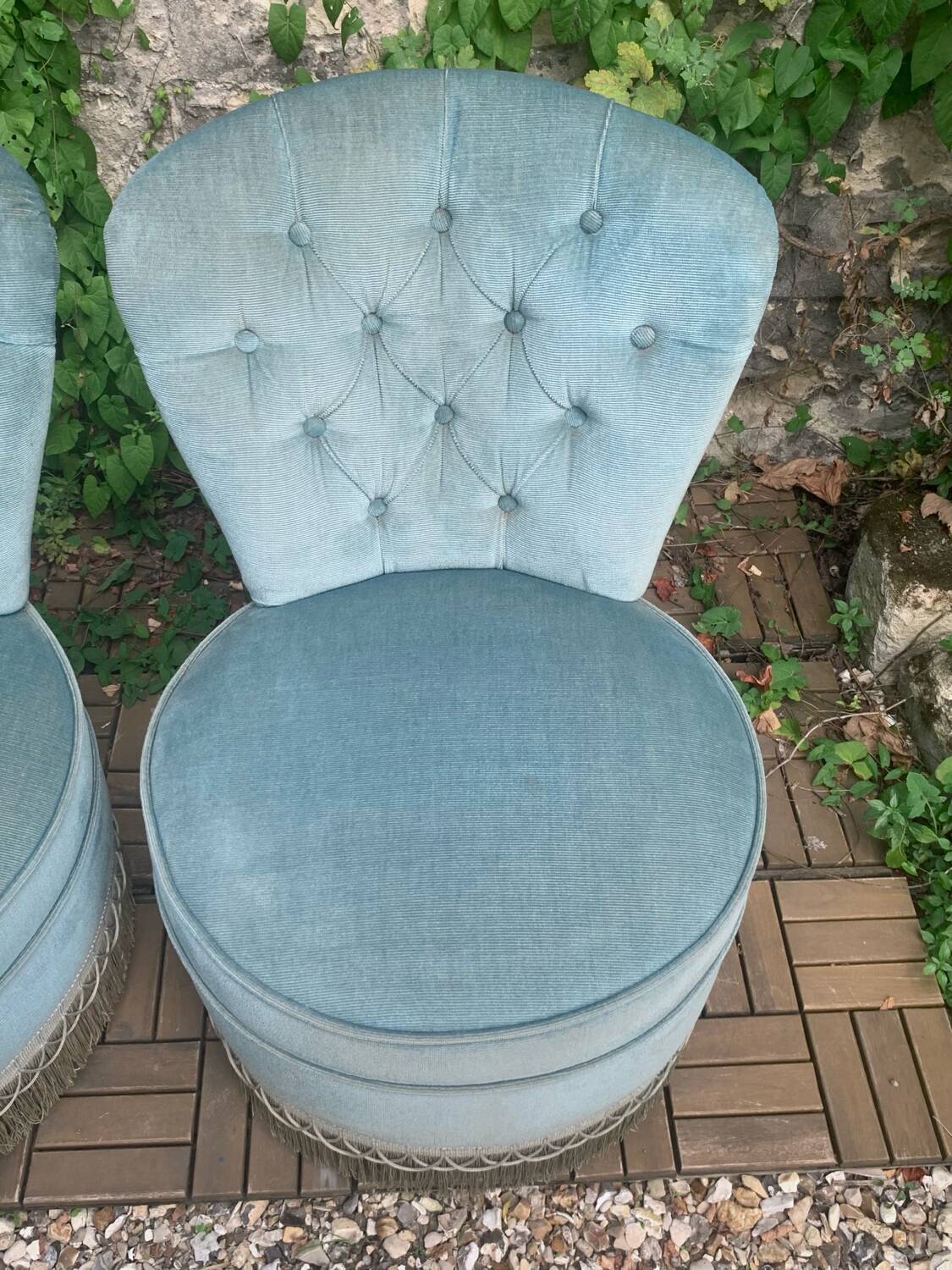 Pair of vintage blue velvet upholstered toad armchairs from the 1970s