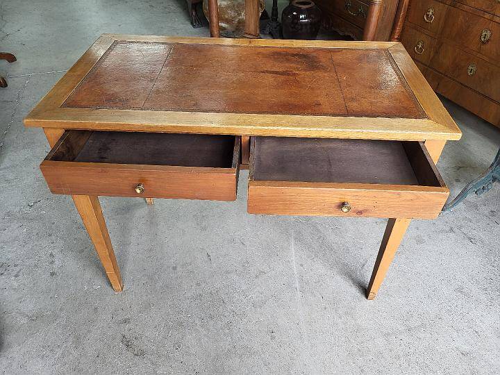 Bureau plateau cuir avec 2 tiroirs en merisier