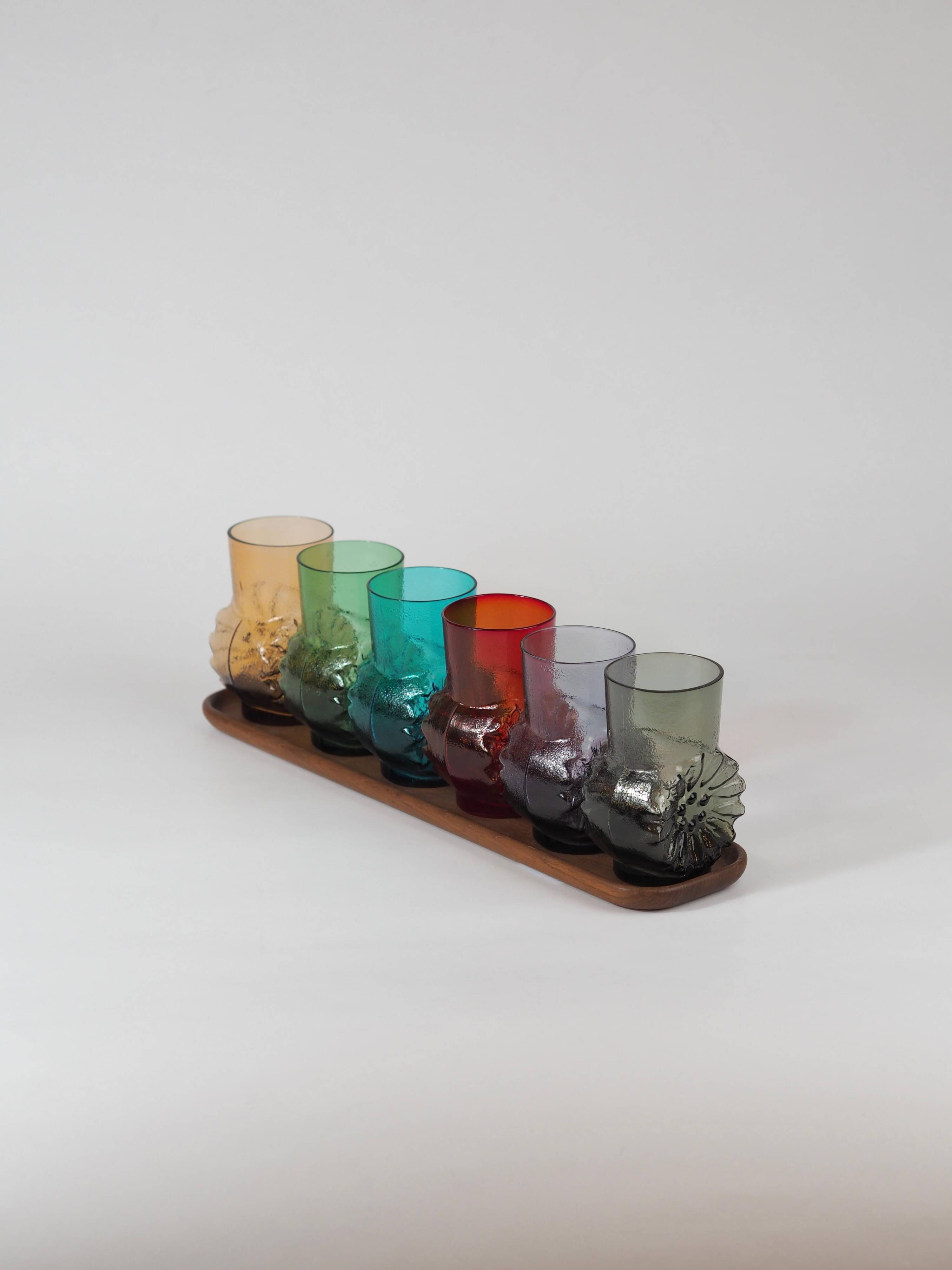 Mid-century rainbow glass set: 6 Finnish style glasses, by Kaj Franck & Lasi.