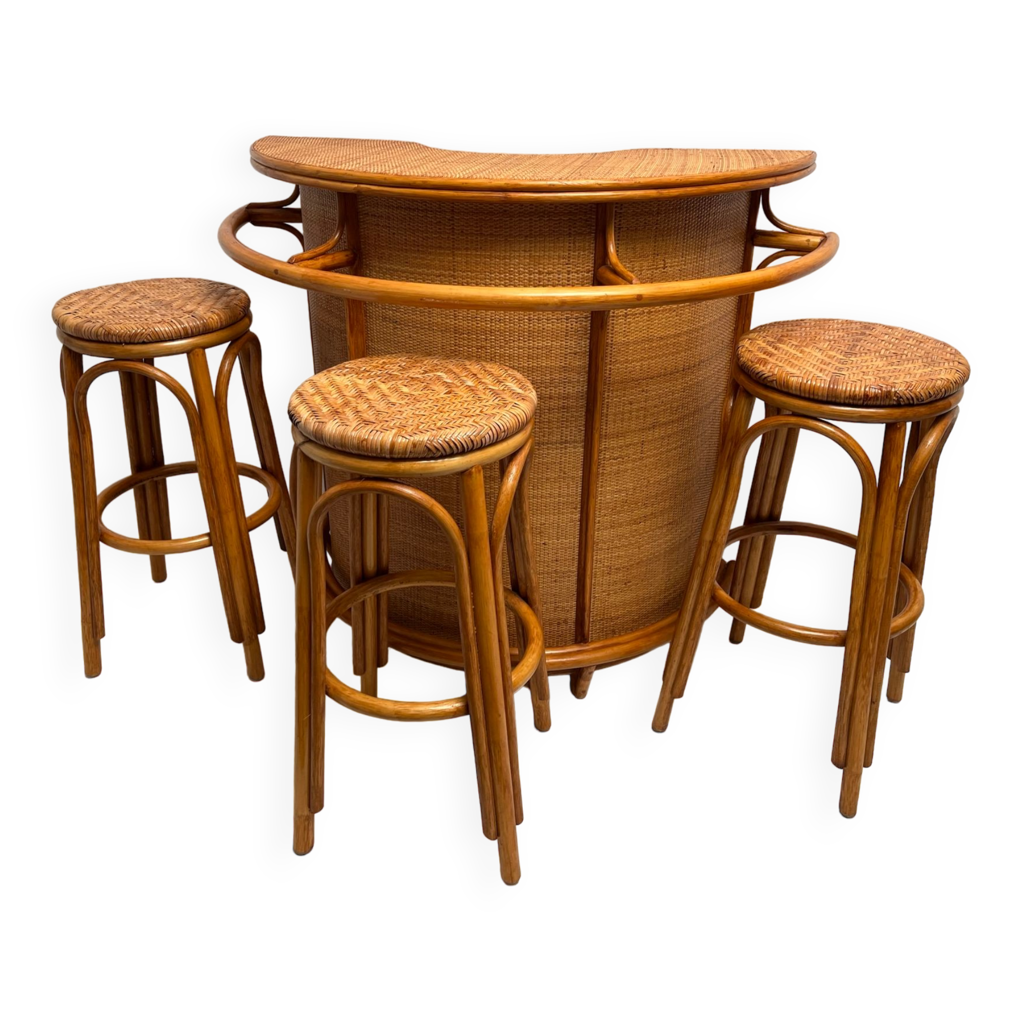 Rattan and bamboo bar and 3 stools from the 60s