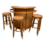 Rattan and bamboo bar and 3 stools from the 60s