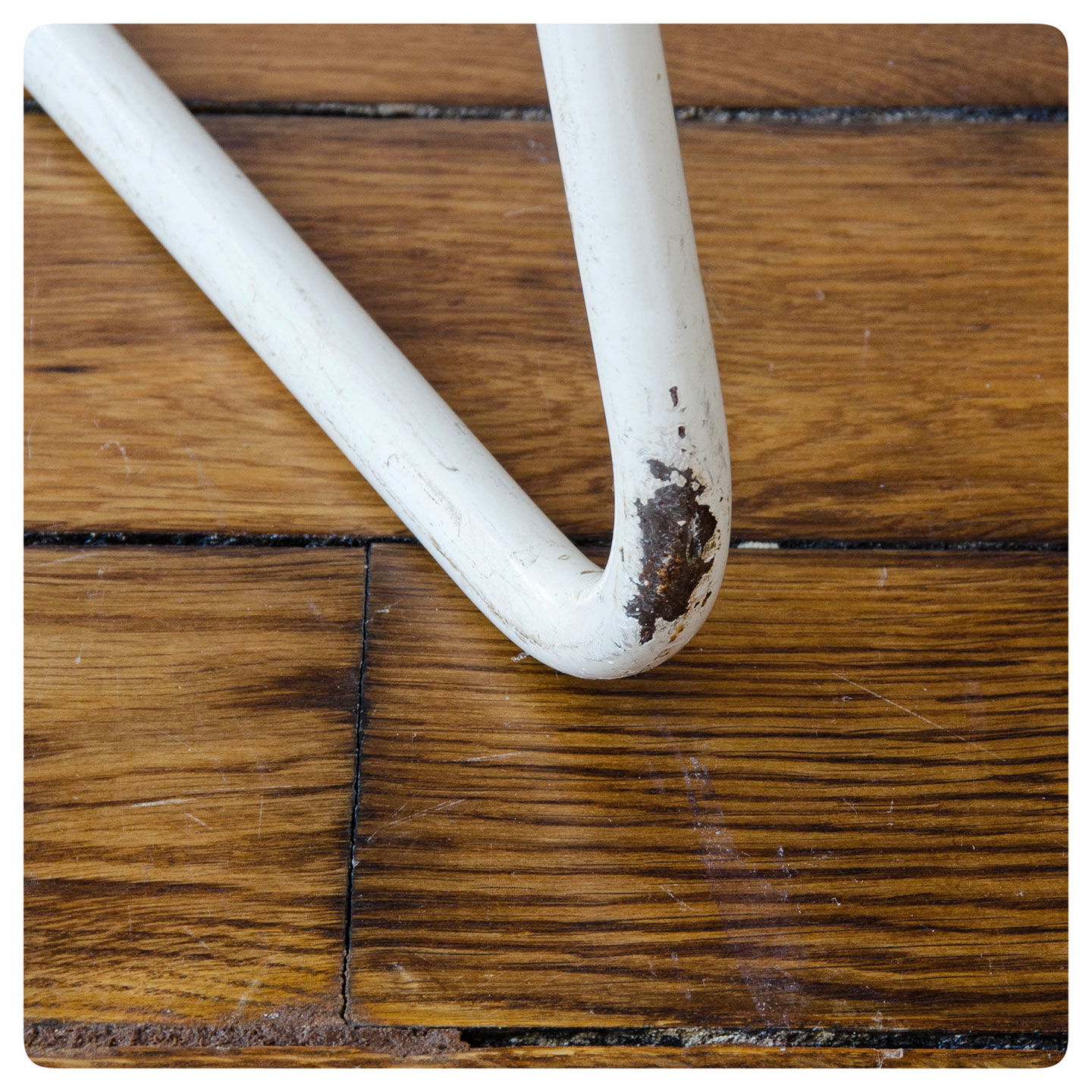Series of 4 leather chairs, white lace-up sled