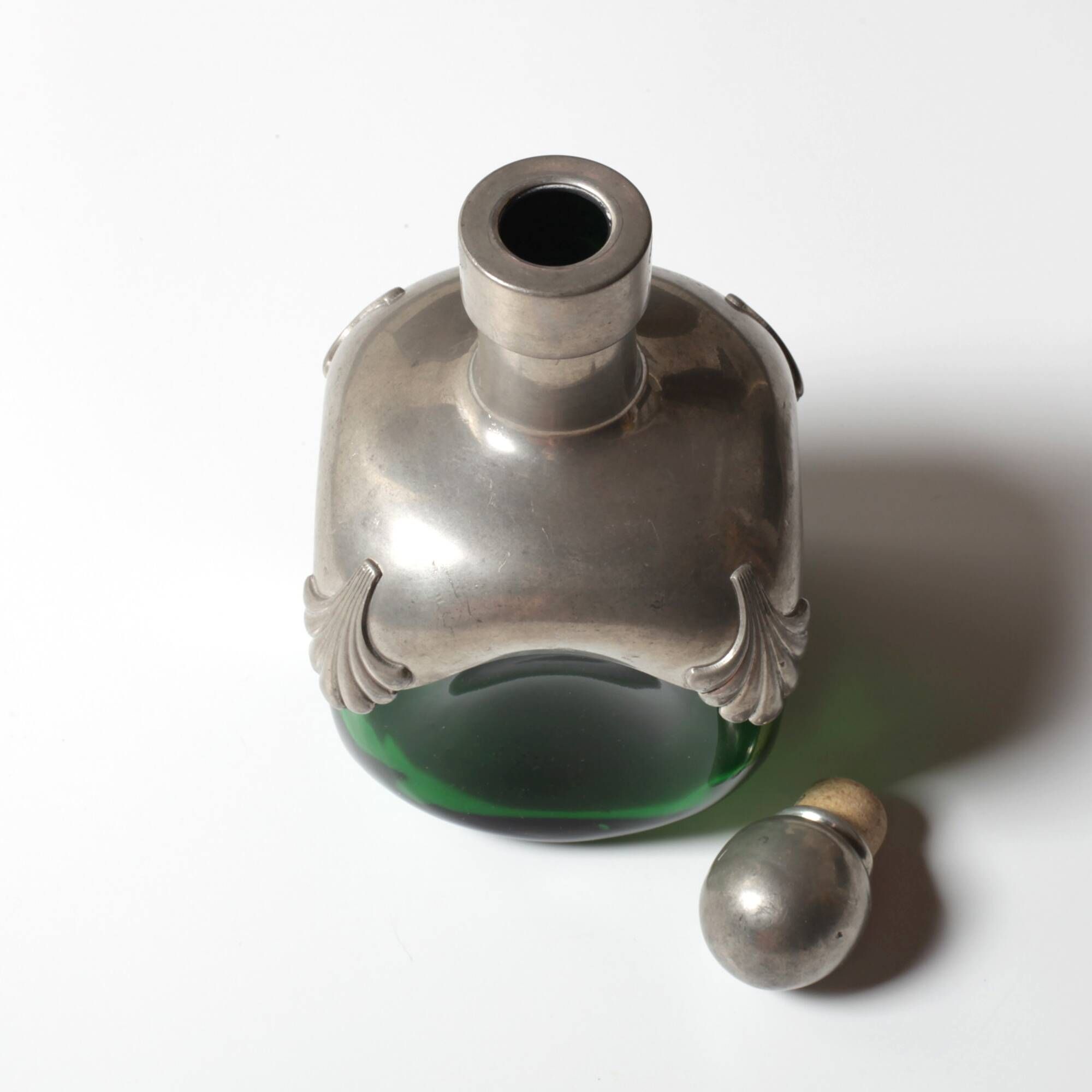 Art Nouveau Green Glass Decanter with Pewter Elements / France / 1960s