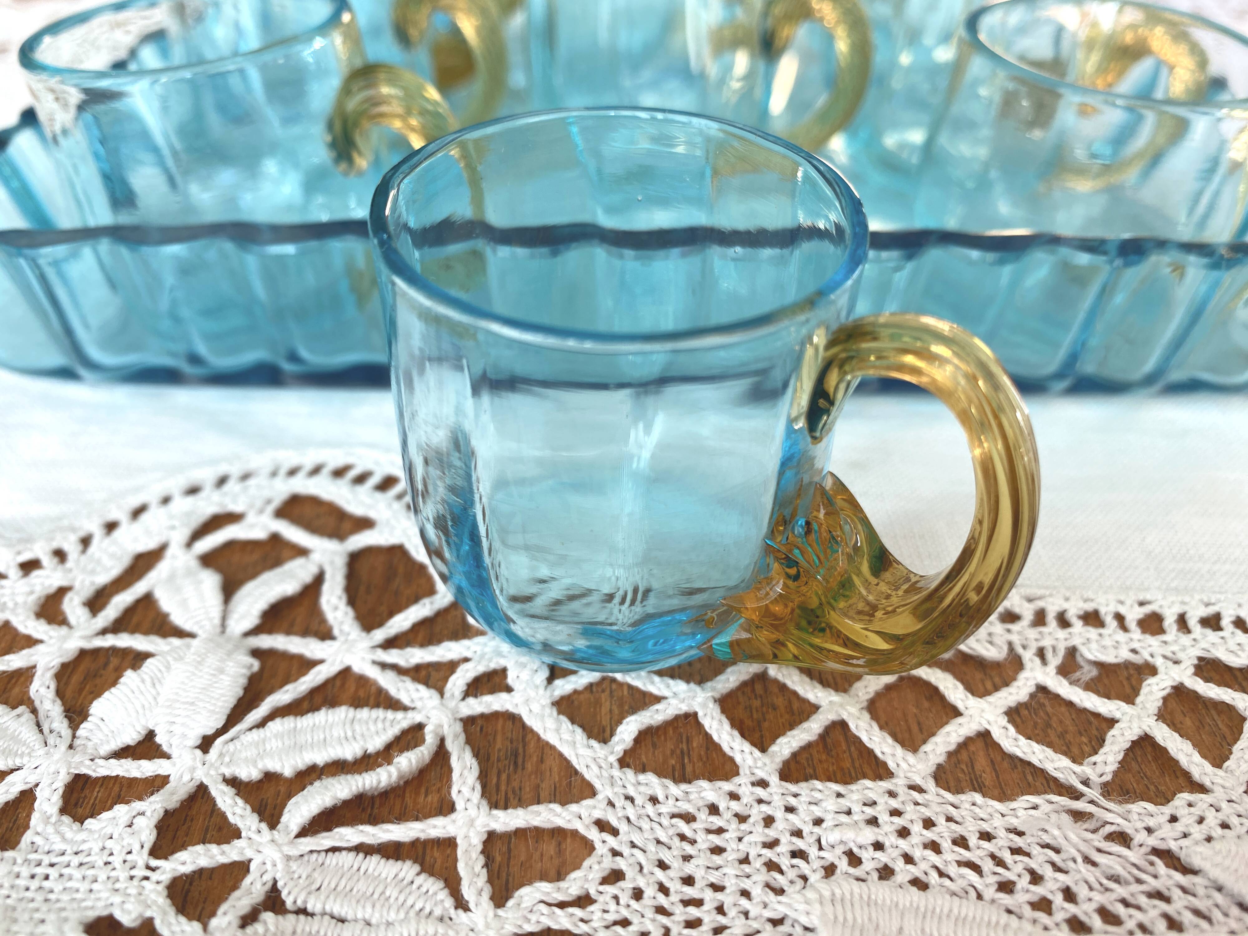 Antique Georges Sand blue and amber liqueur set - 12 glasses and tray