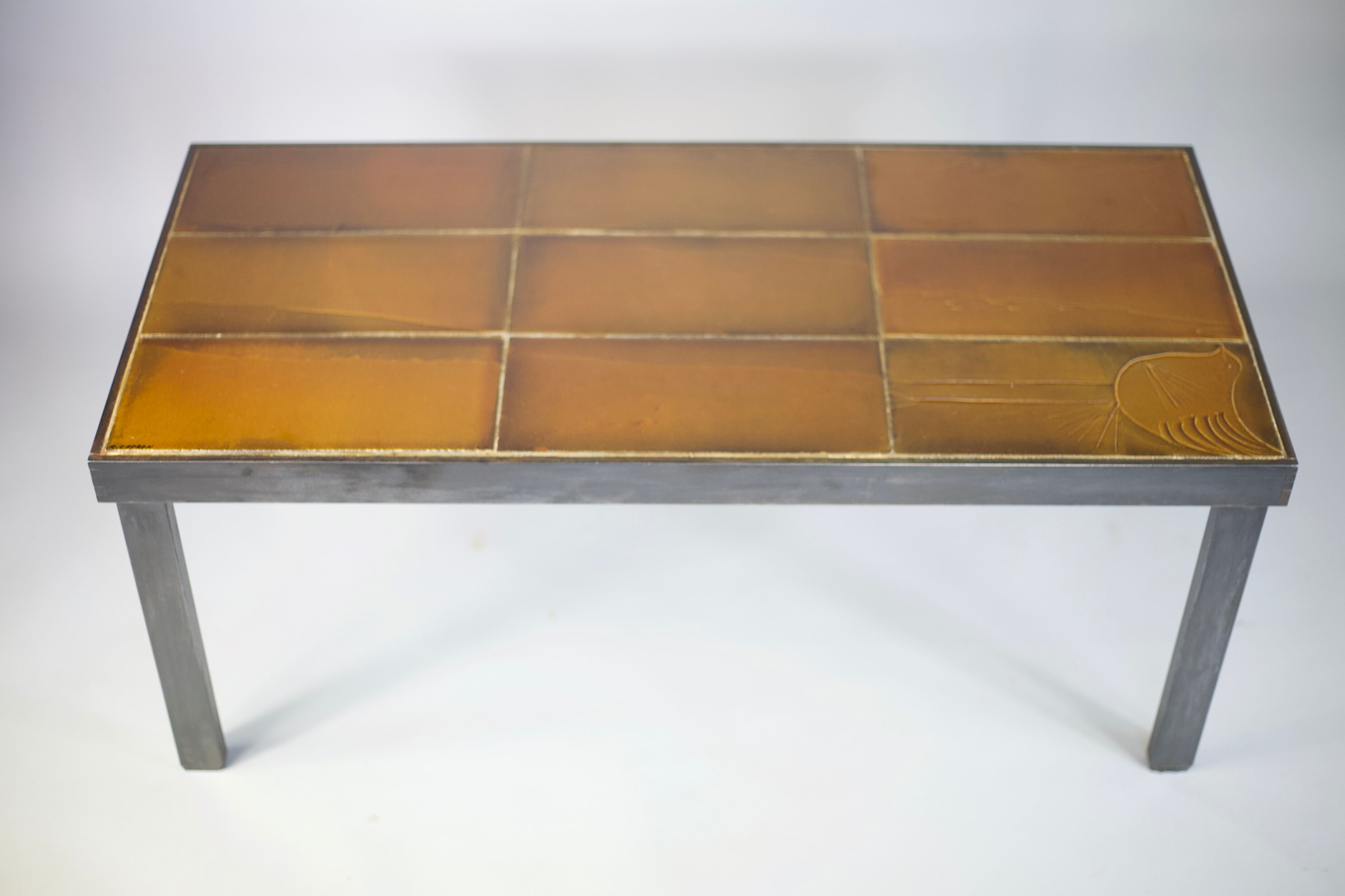 Coffee table signed Roger Capron, steel and ceramic, bird motif