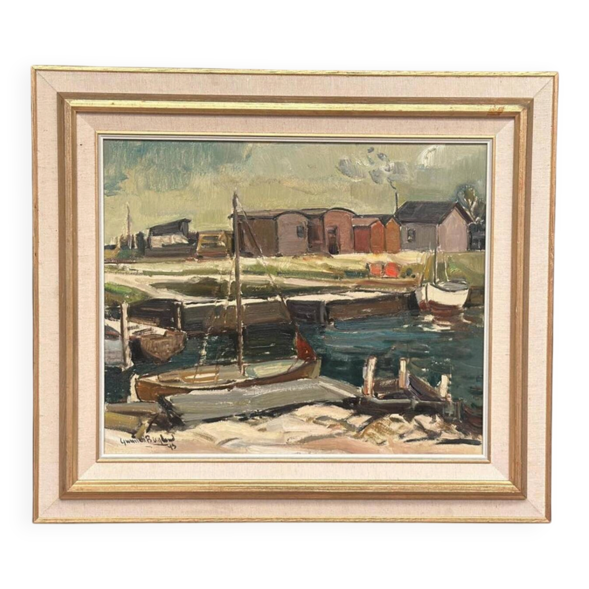 Huile su panneau suédoise – « Motif côtier » par Gunnar Berglund – Datée de 1945