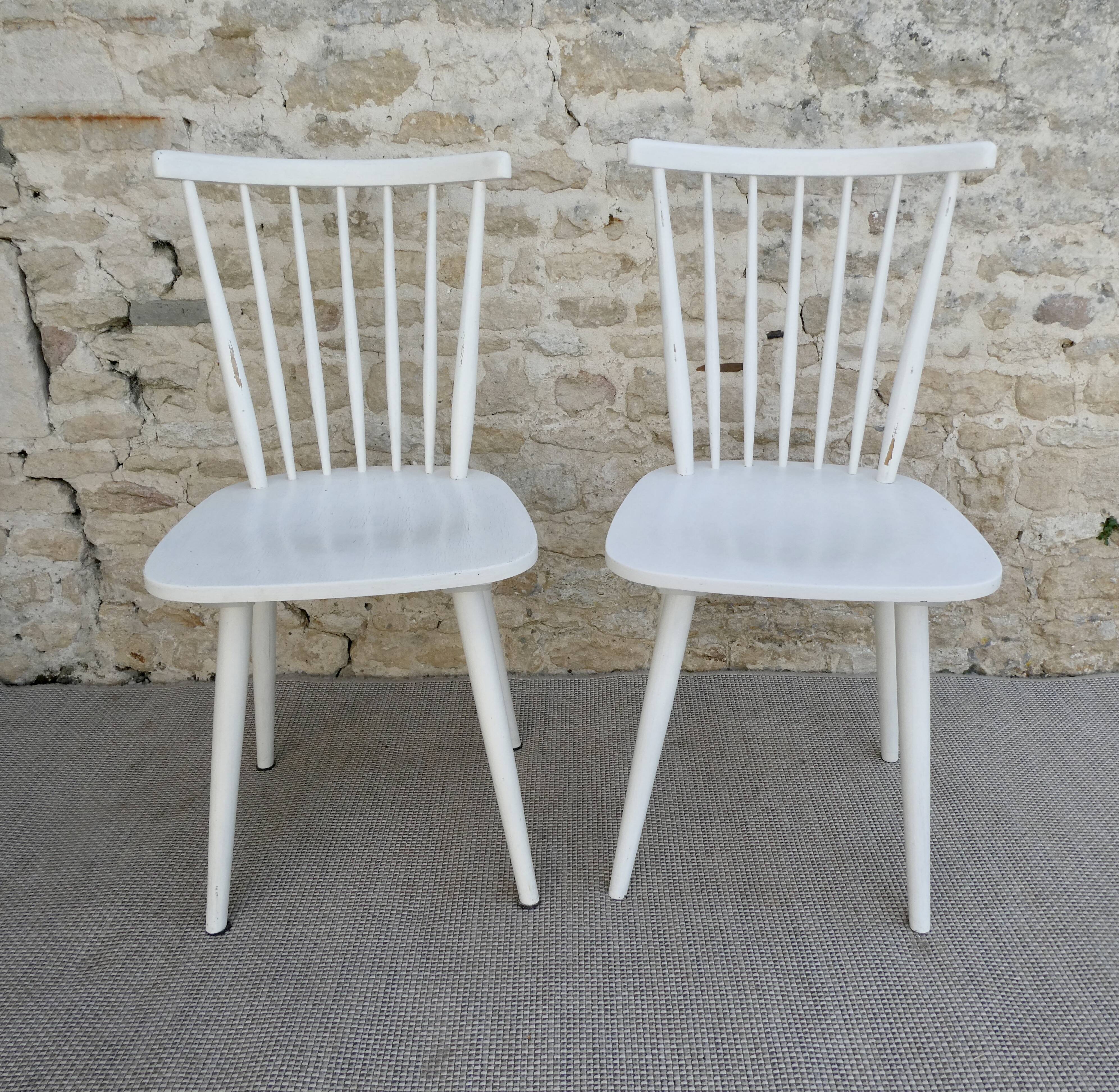 Pair of chairs with bars, wooden, white patina