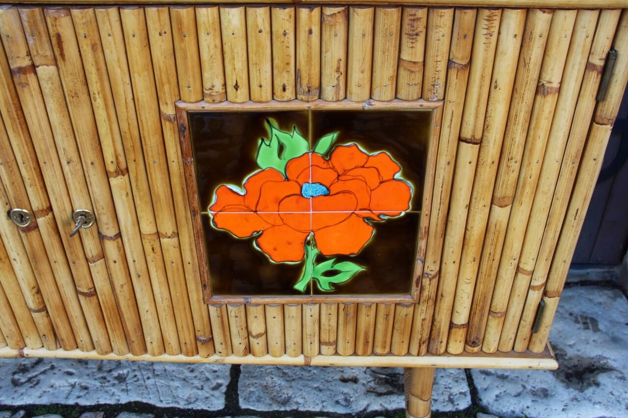 Vintage bamboo and rattan sideboard in the style of Audoux Minet.