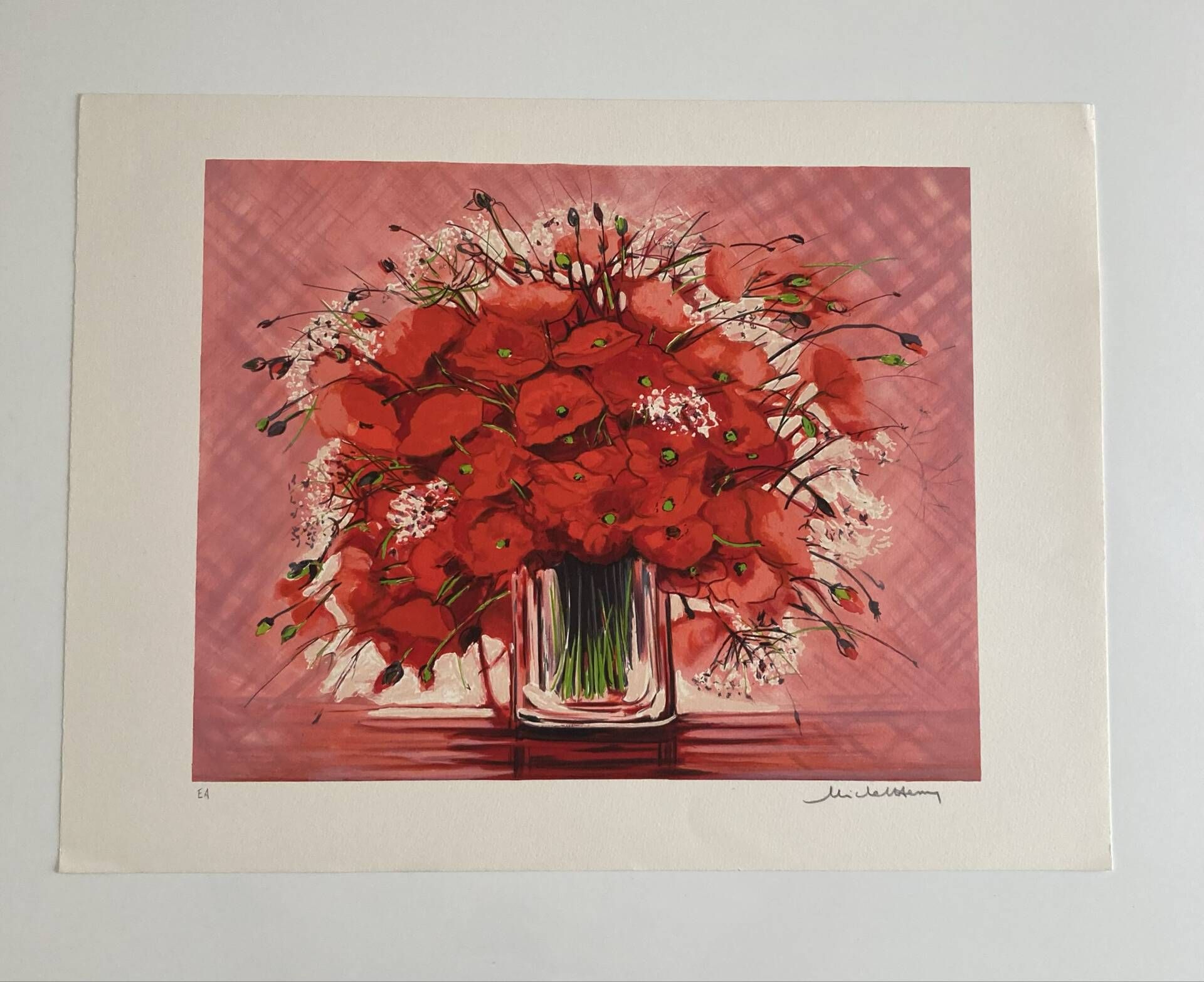 Lithographie originale signée Michel Henry - Bouquet de Coquelicots