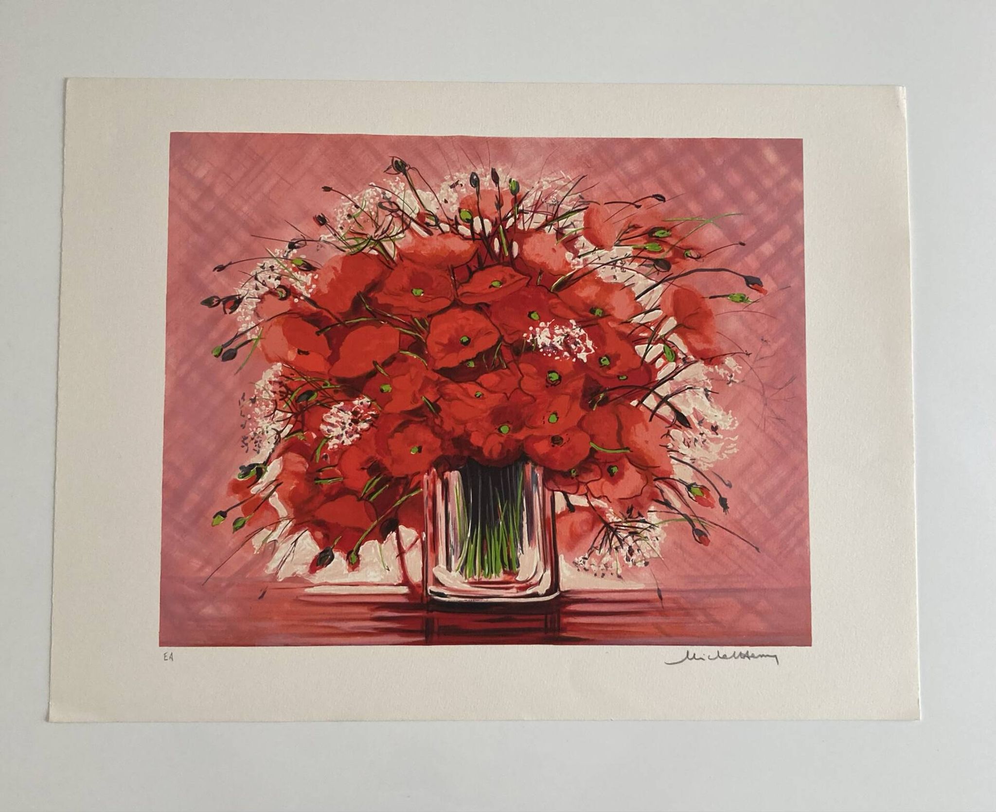 Lithographie originale signée Michel Henry - Bouquet de Coquelicots