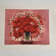 Lithographie originale signée Michel Henry - Bouquet de Coquelicots