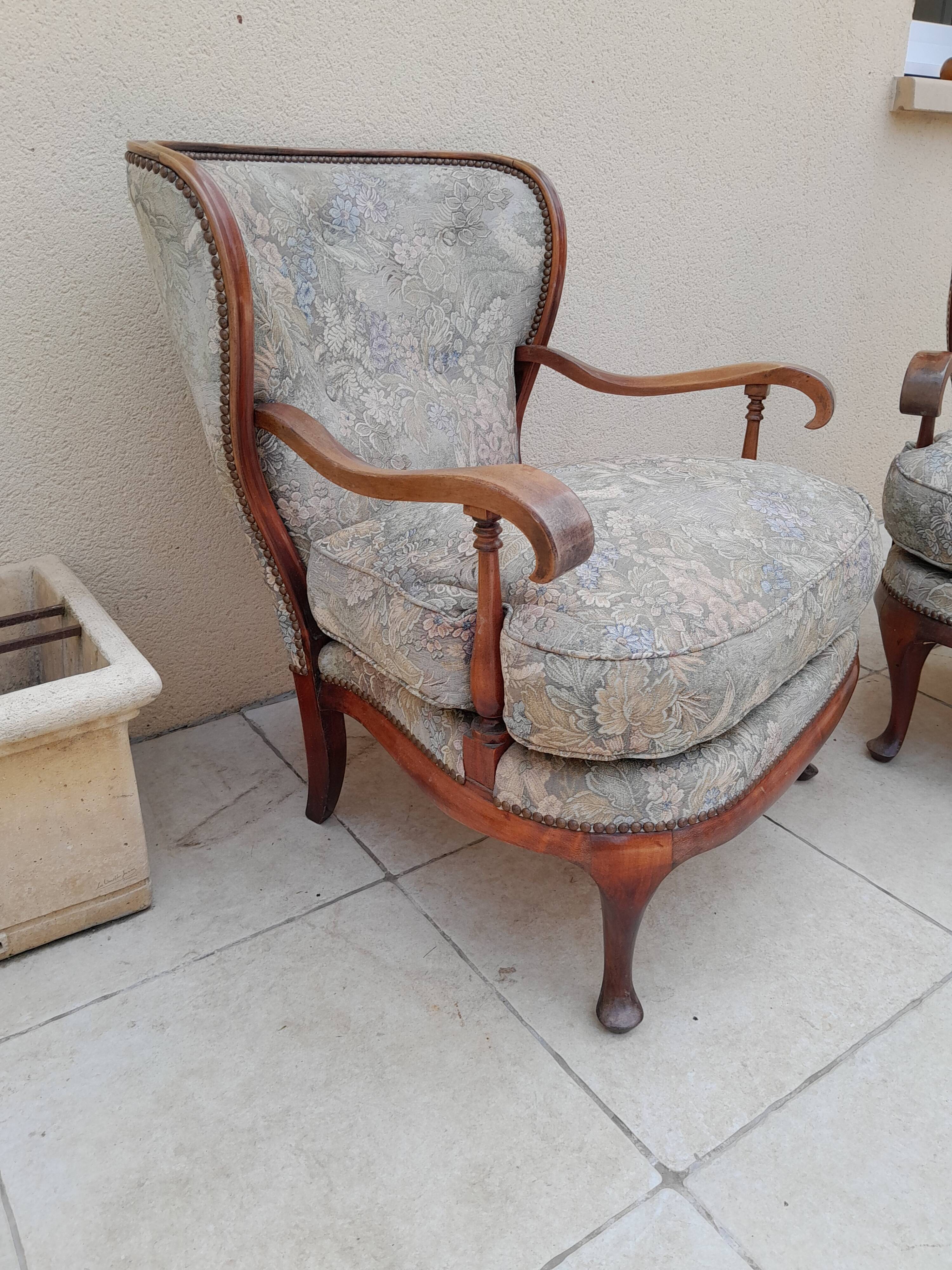 Pair of vintage antique bergère armchairs