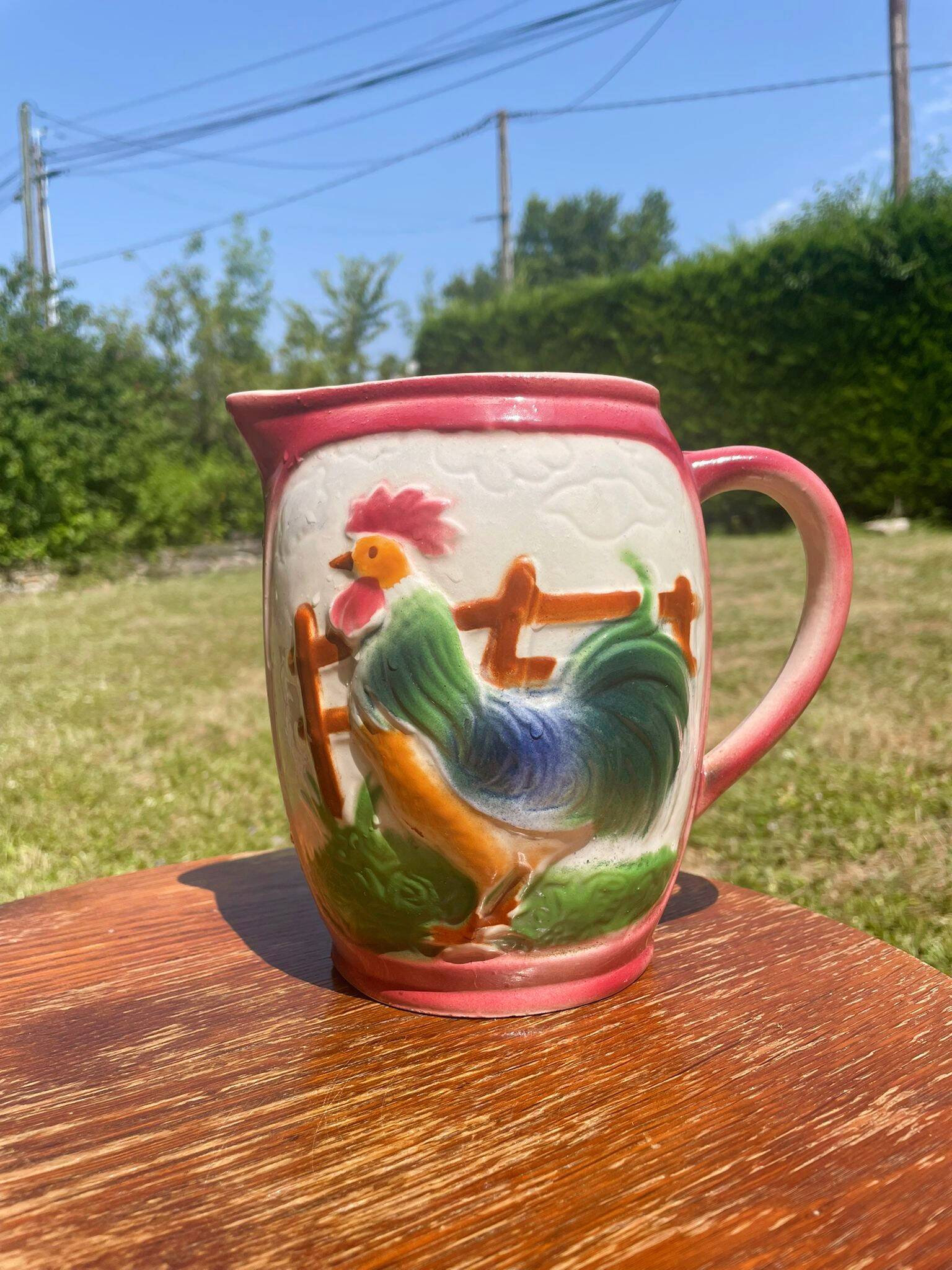 French earthenware rooster slip carafe / pitcher