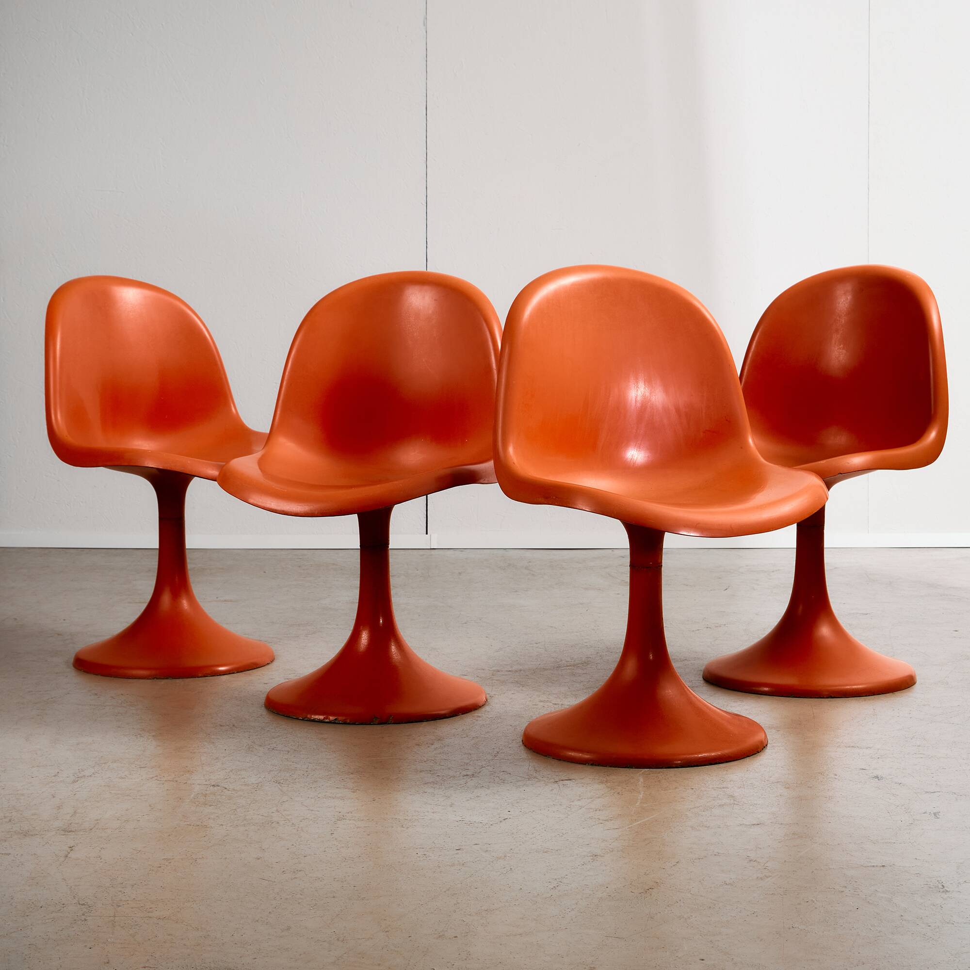 Set of Single-base Orange Molded Chairs, 1970s