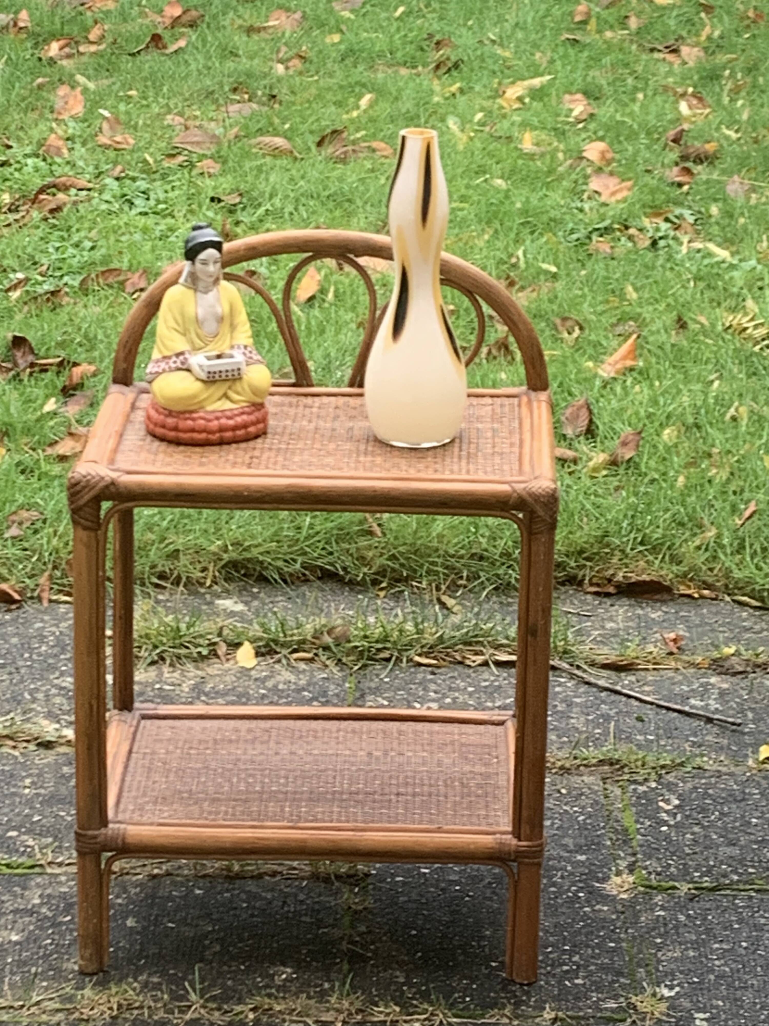 Bedside table, vintage bamboo and rattan shelf