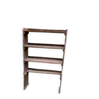 Rustic grey pine library, vintage open shelf 1920s, 85x27x137 cm