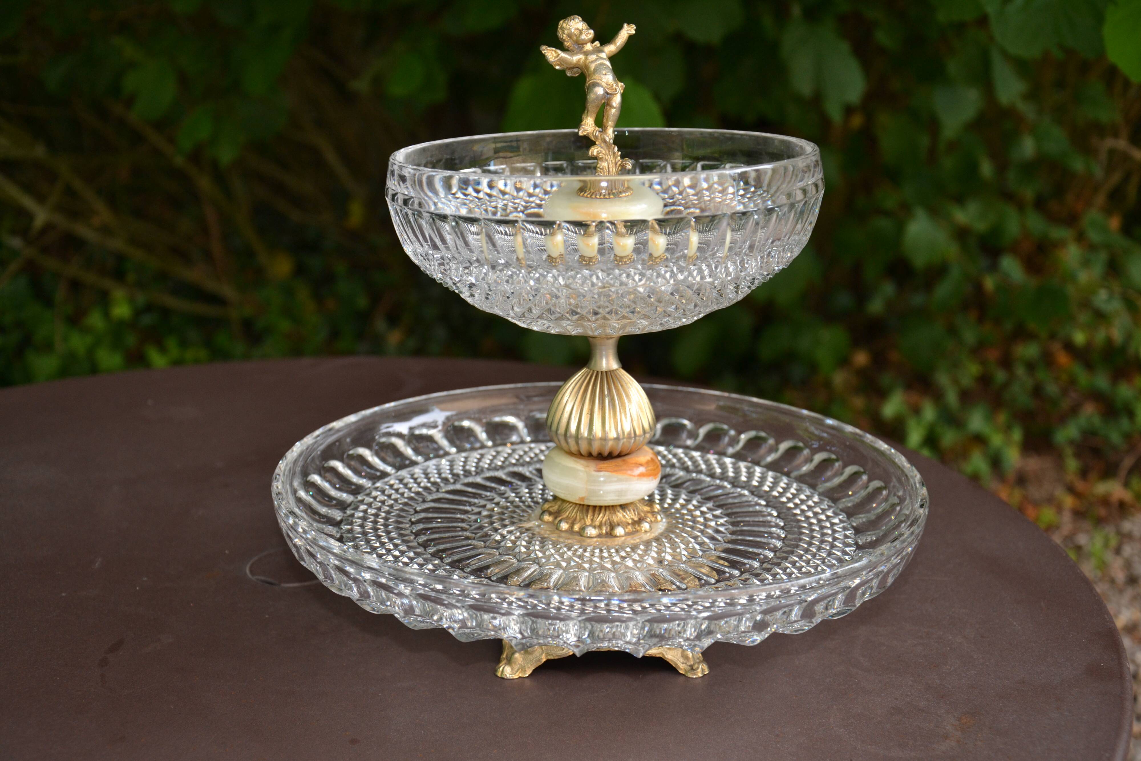 Présentoir, serviteur en cristal, onyx et bronze