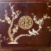 Chinese furniture XXth Red lacquer Decor of branches and birds