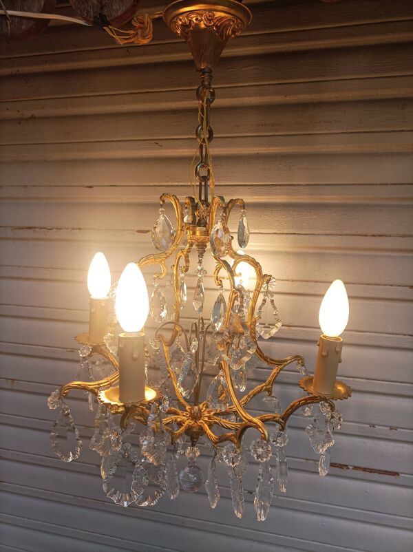Rare ancien lustre cage en bronze doré et cristal 4 feux