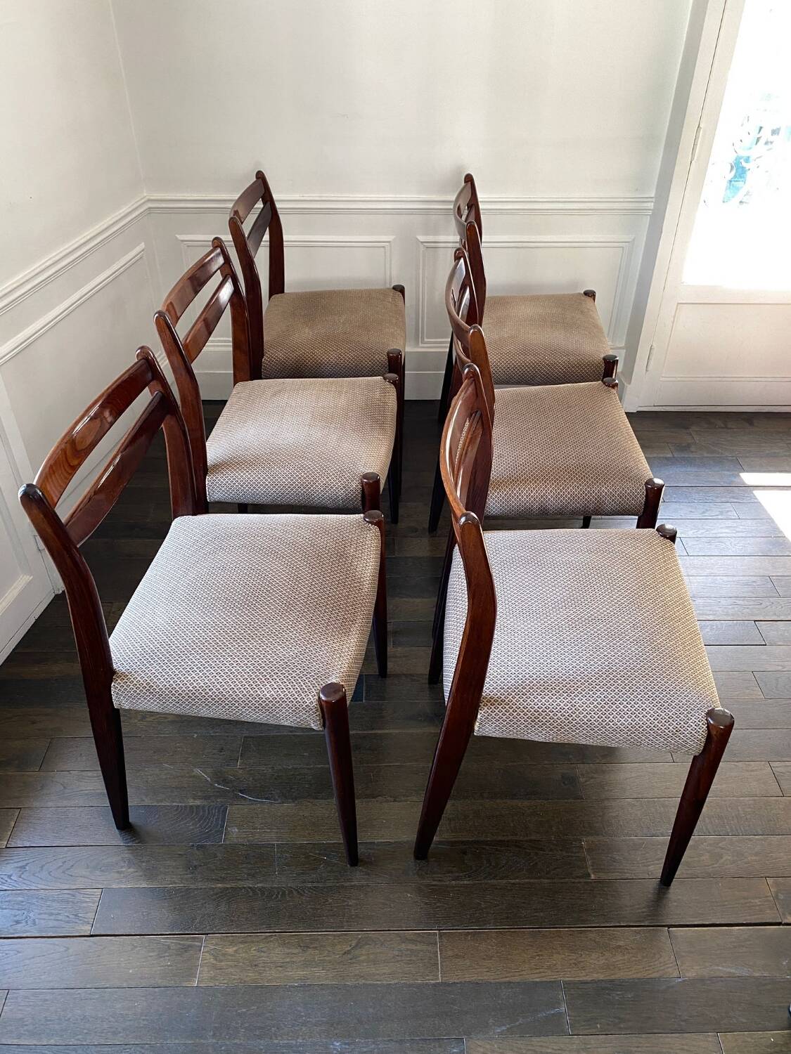 Set of 6 vintage Scandinavian chairs in Rio rosewood & beige mottled velvet 60's
